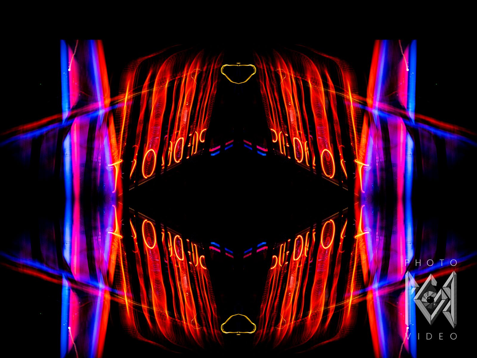 Orange neon lettering and blue and pink light bars mirrored around a dark centre
