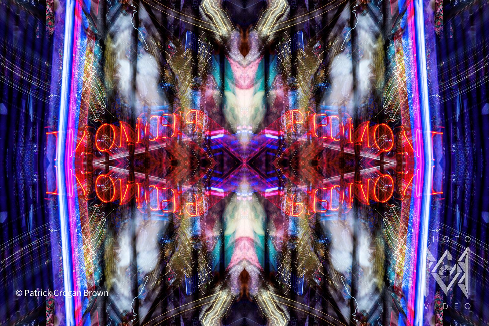 A neon sign mirrored four ways between bands of blue, pink and white light