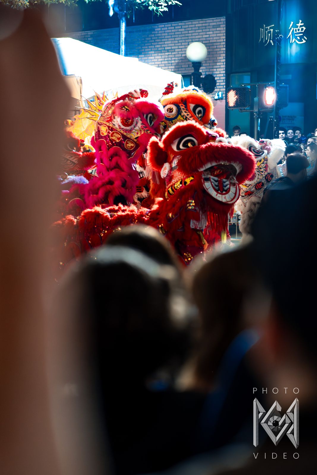 Red, pink and white lion dance heads gathered together in blue street light, seen past the crowd