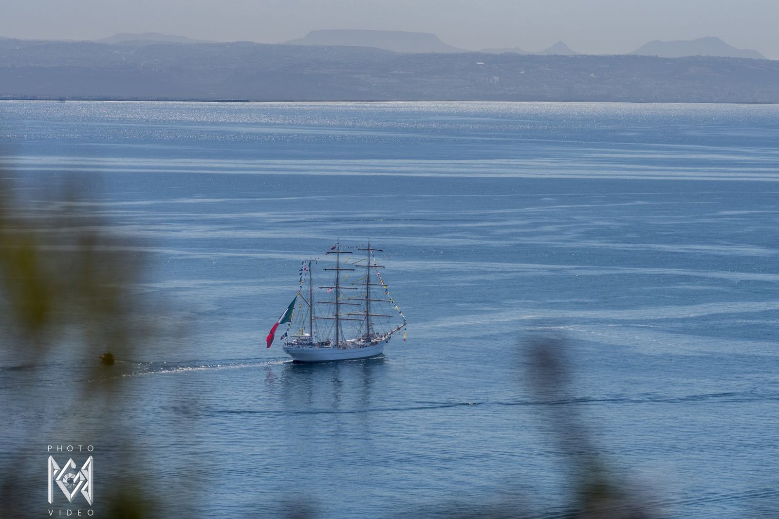 The tall ship far out on the water, seen through blurred branches in the foreground