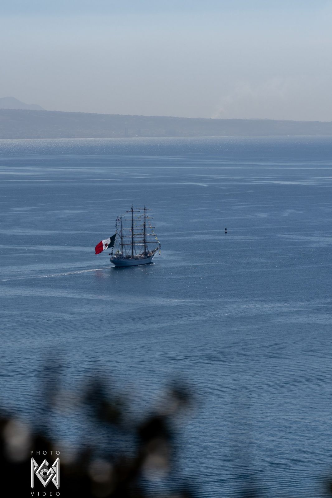 The ship small on the blue water, seen over dark foliage