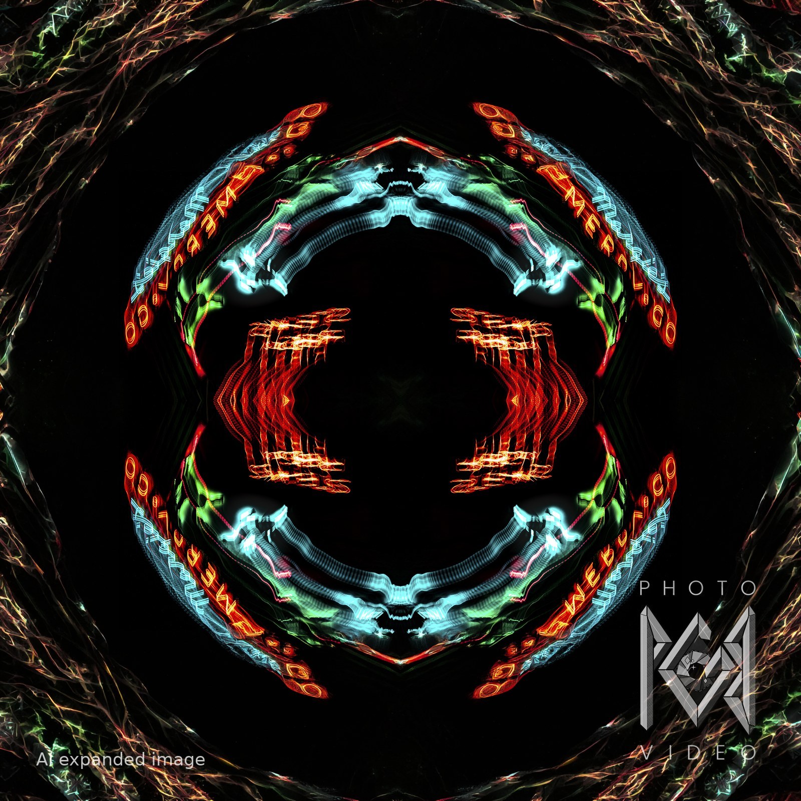 A circular, mirrored Merry-Go-Round neon design in Lone Pine, red, cyan and green light arcs around a dark centre, ringed by dark textured edges extended with AI