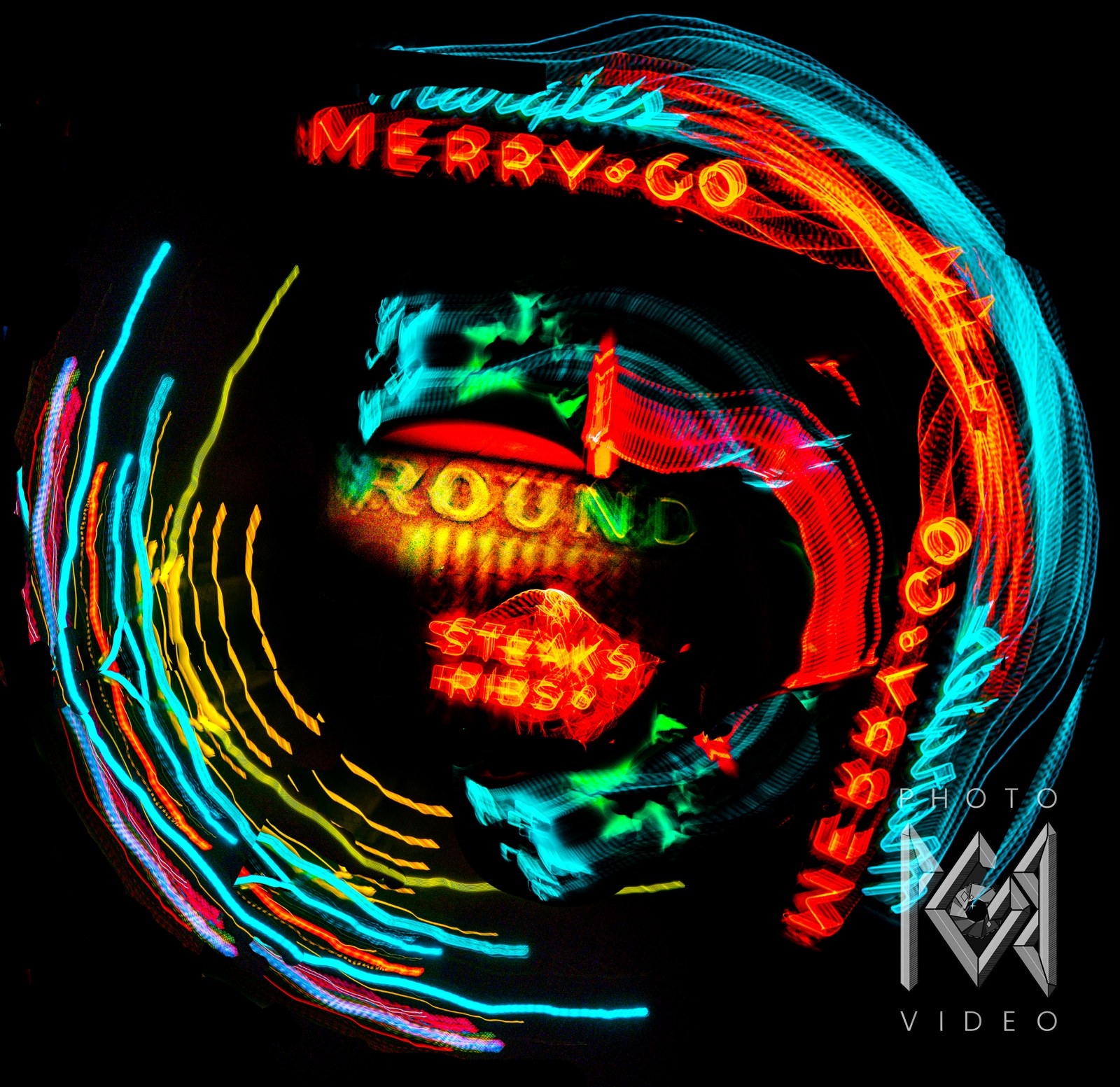 Margie&rsquo;s Merry-Go-Round neon sign in Lone Pine twisted into a swirl of cyan, red, yellow and green light trails