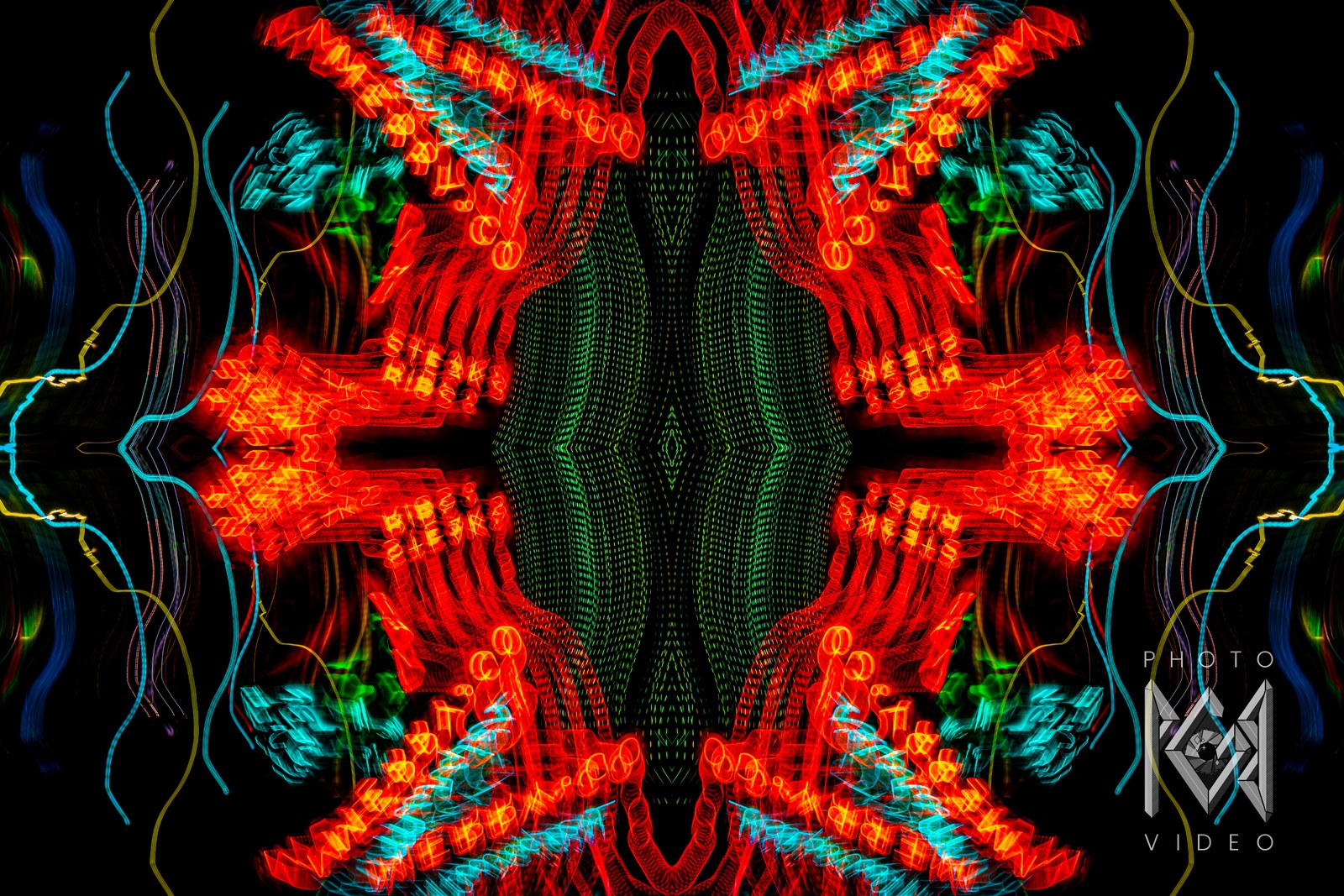Red and orange neon mirrored into a symmetrical figure, with teal and green accents and thin curved lines on black
