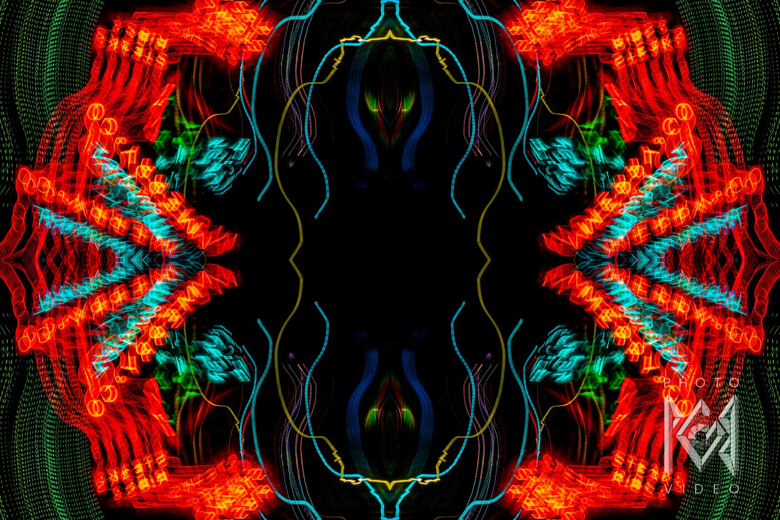 Red and orange neon mirrored side to side around a dark centre, with teal accents and fine curving lines
