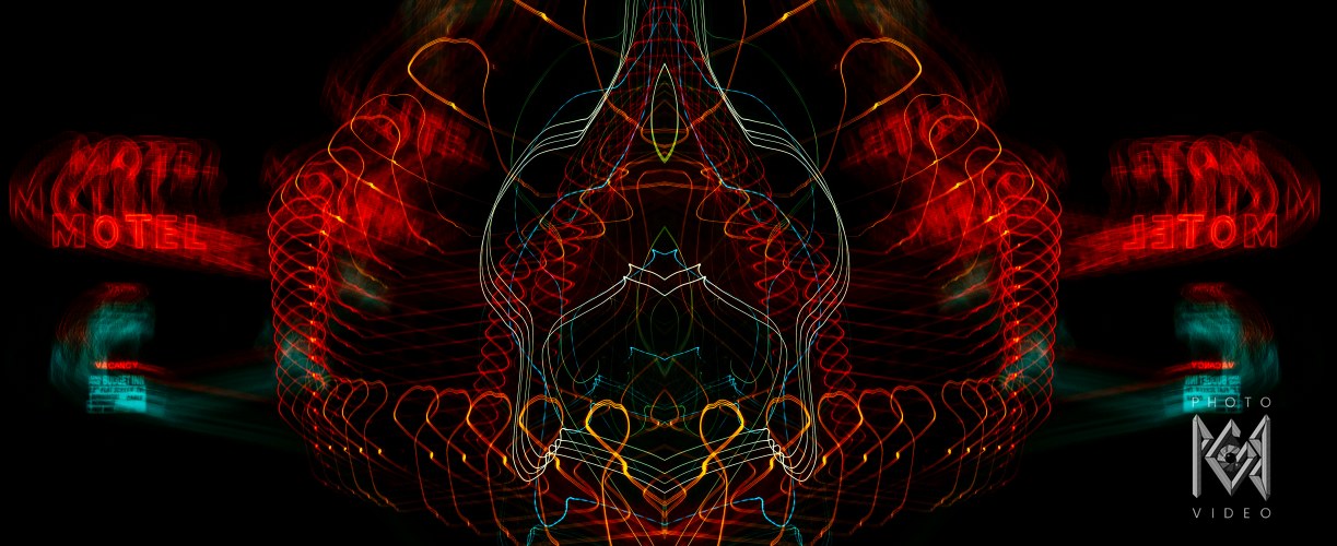 Red neon motel lettering and fine looping lines mirrored into a symmetrical figure on black, teal curves at the lower corners