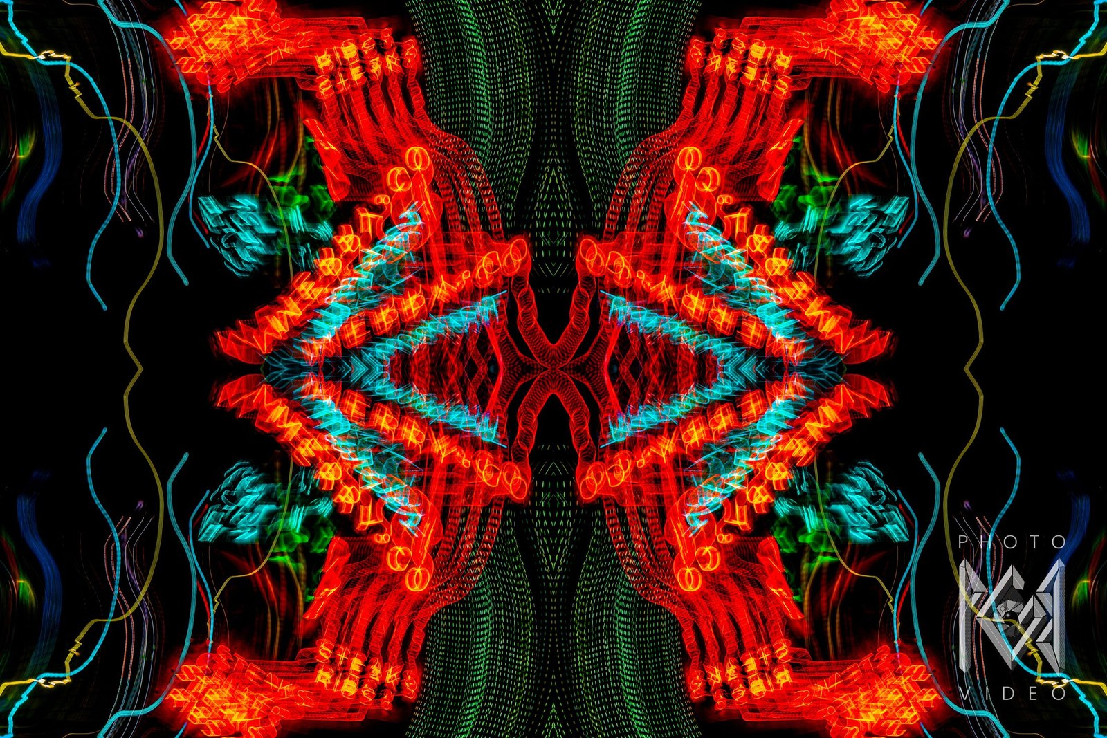 Red neon loops and cyan light trails over a green dotted band, mirrored four ways