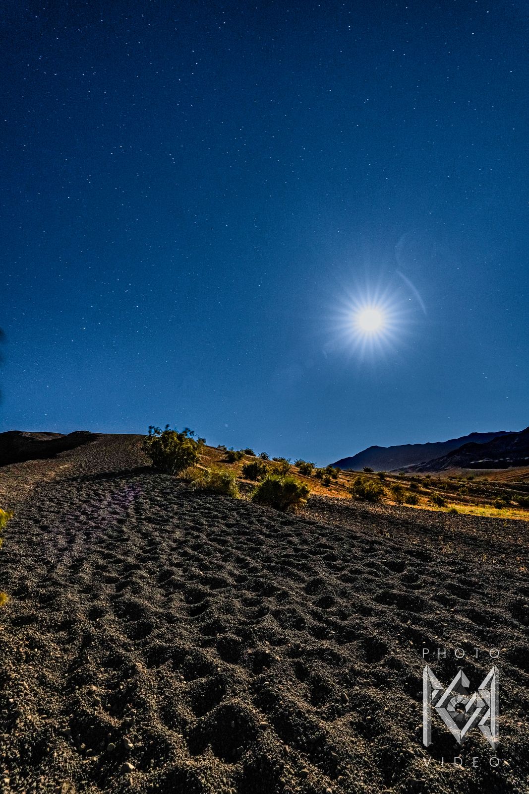 A starburst moon and stars over a sandy slope rippled with footprints and tracks, shrubs and a ridge at the horizon
