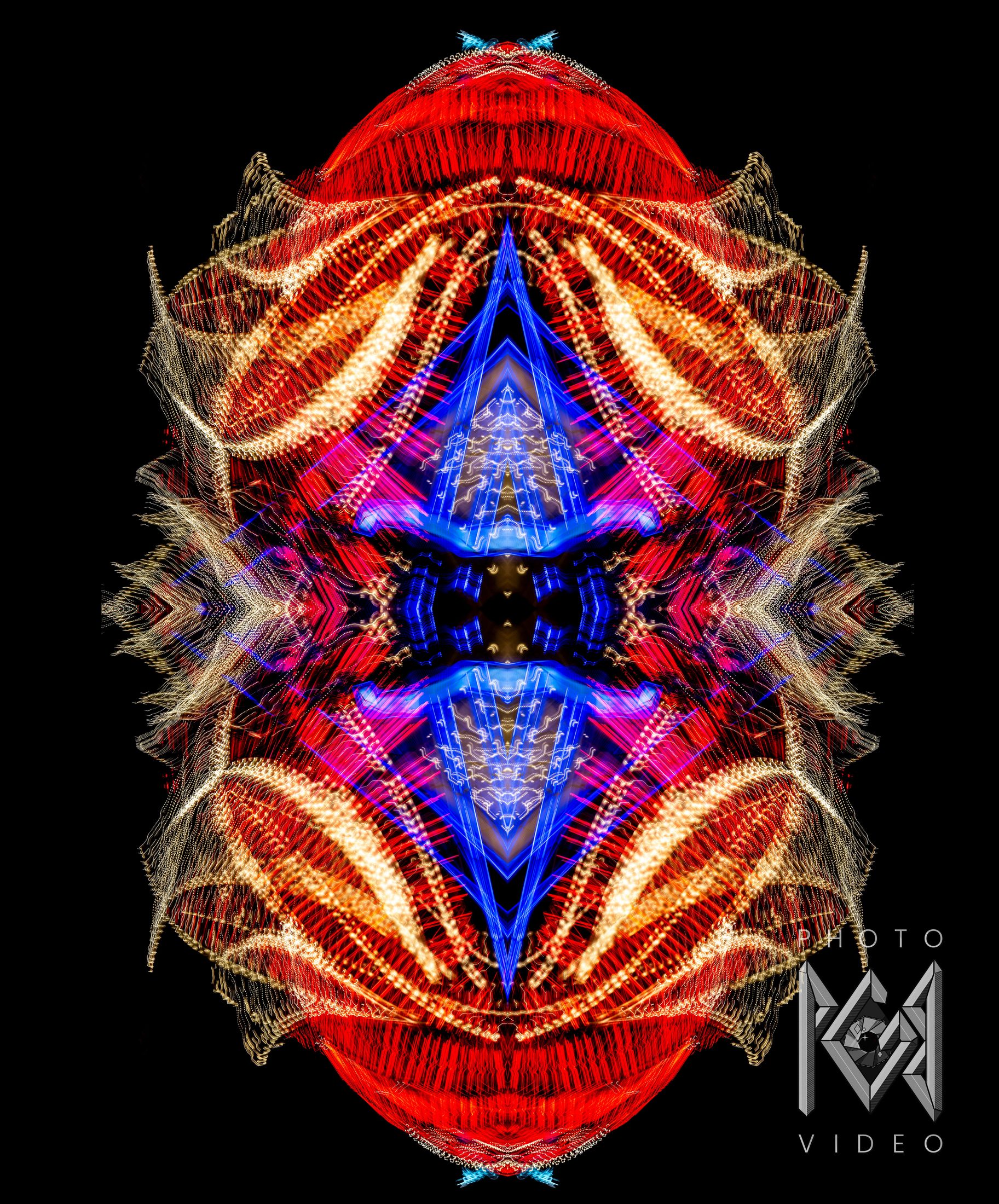 Red and gold light trails around a blue diamond, mirrored top to bottom and side to side