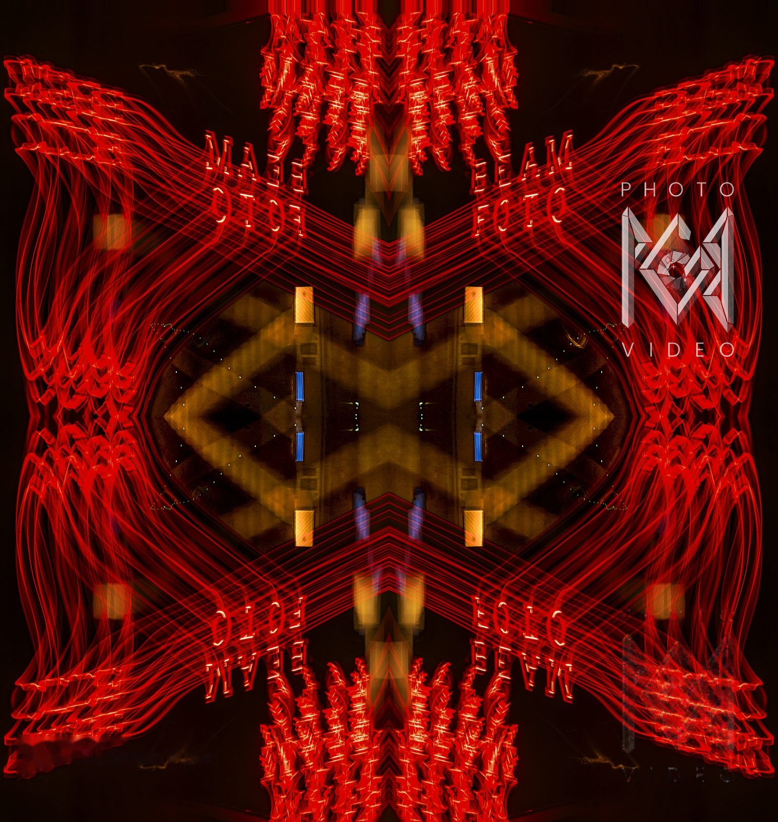 Red neon light trails and a FOTO sign mirrored four ways into a symmetrical figure around a glowing amber centre